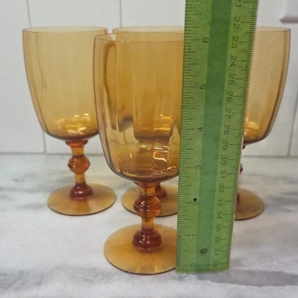 Amber Ribbed Optic Wine Glasses, Set of 4,‎ Vtg Stemware, Replacement Drinkware